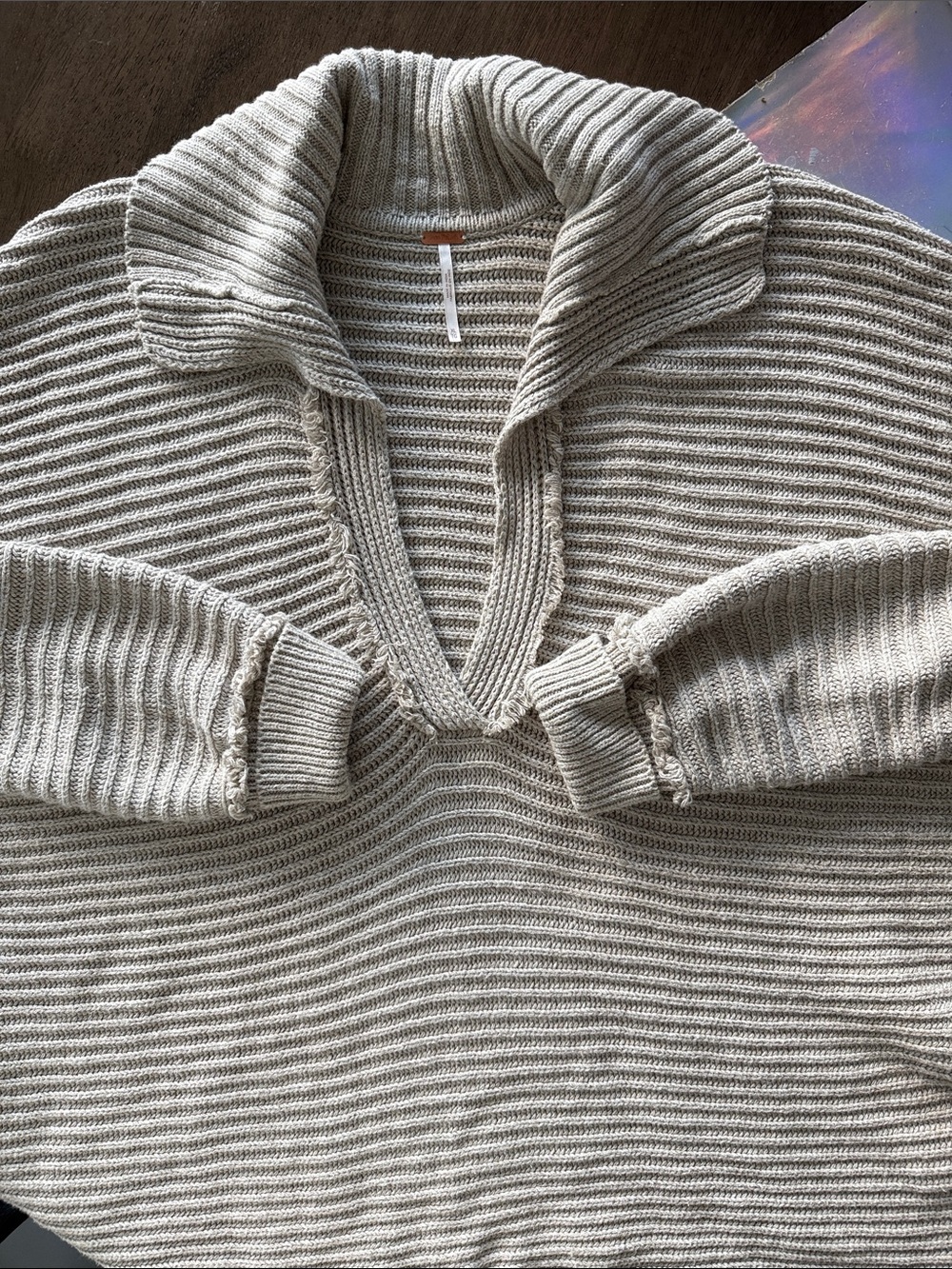Free People Marlie Beige Knit Sweater with Shawl Collar and Distressing